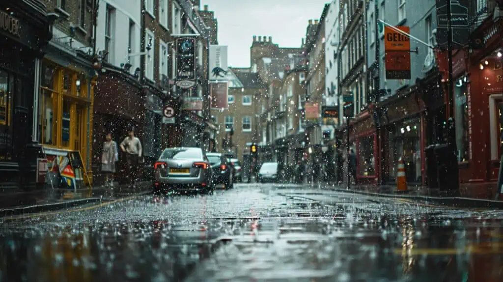 Een regenbui in een straat in een stad