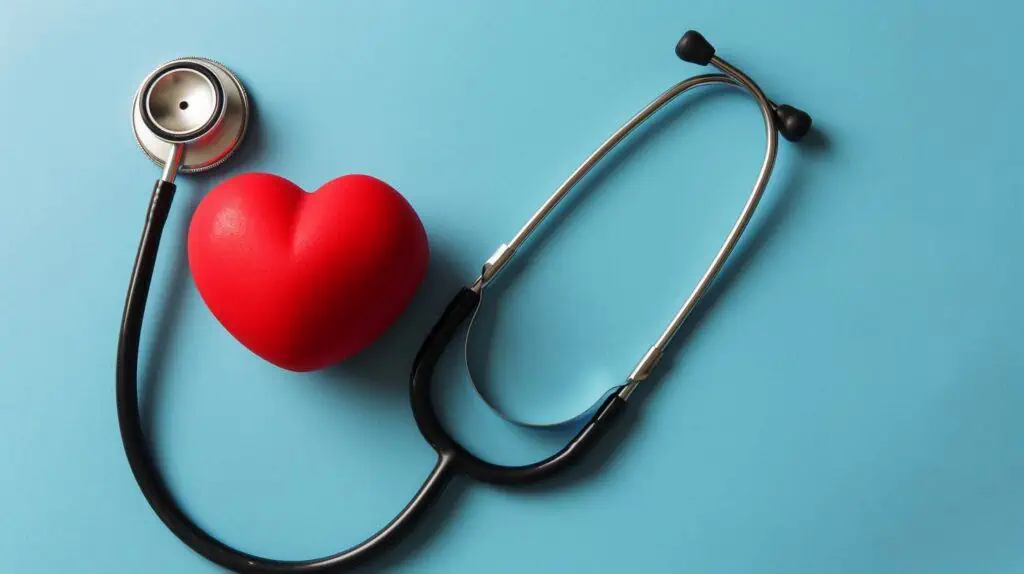 Een stethoscoop naast een stressbal in de vorm van een hart