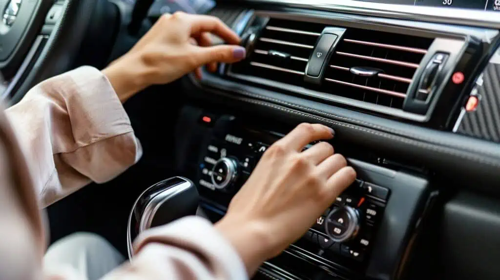 Een vrouw stelt een radio en airco van haar auto in