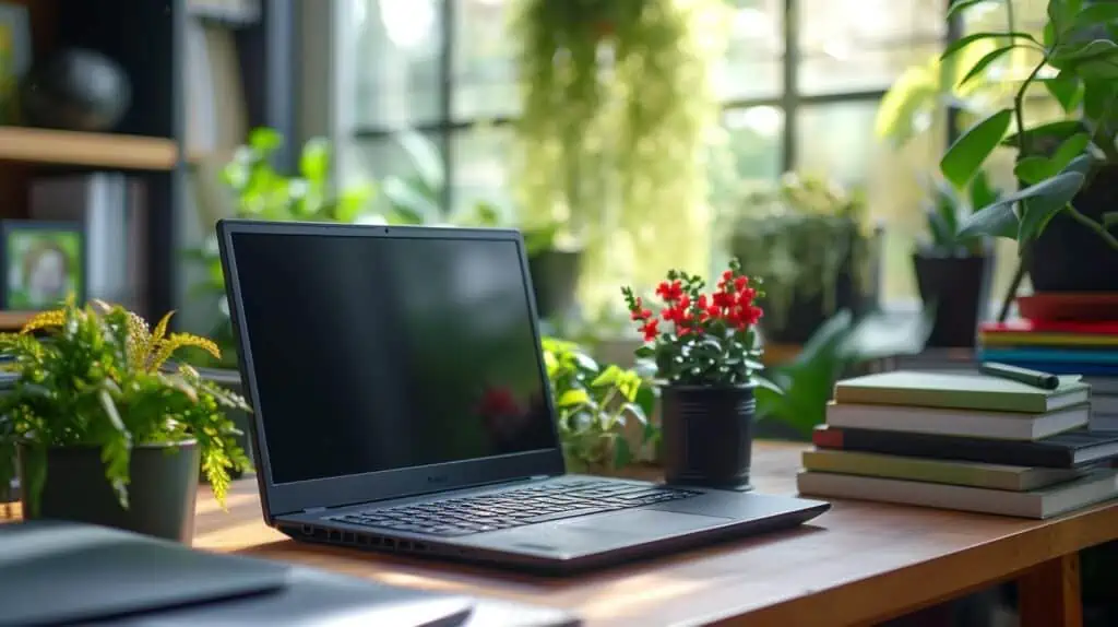 Een zwarte laptop op een bureau omringd met planten en boeken