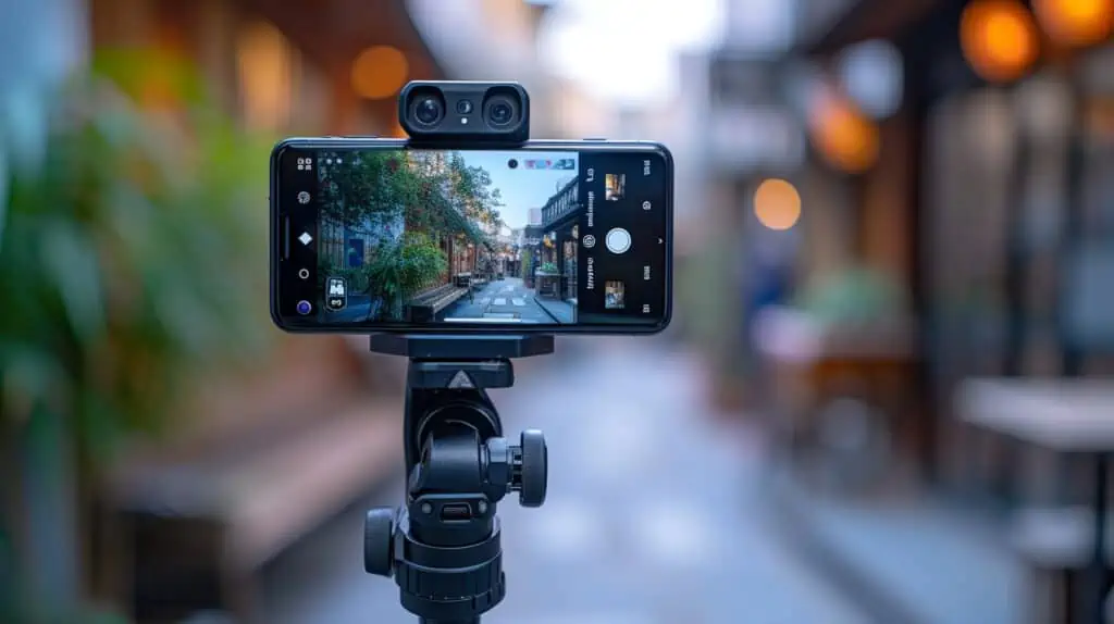 Gimbal met ingebouwde camera houdt een smartphone vast