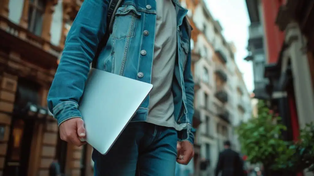 Iemand draagt een dunne MacBook in zijn hand terwijl hij over straat loopt