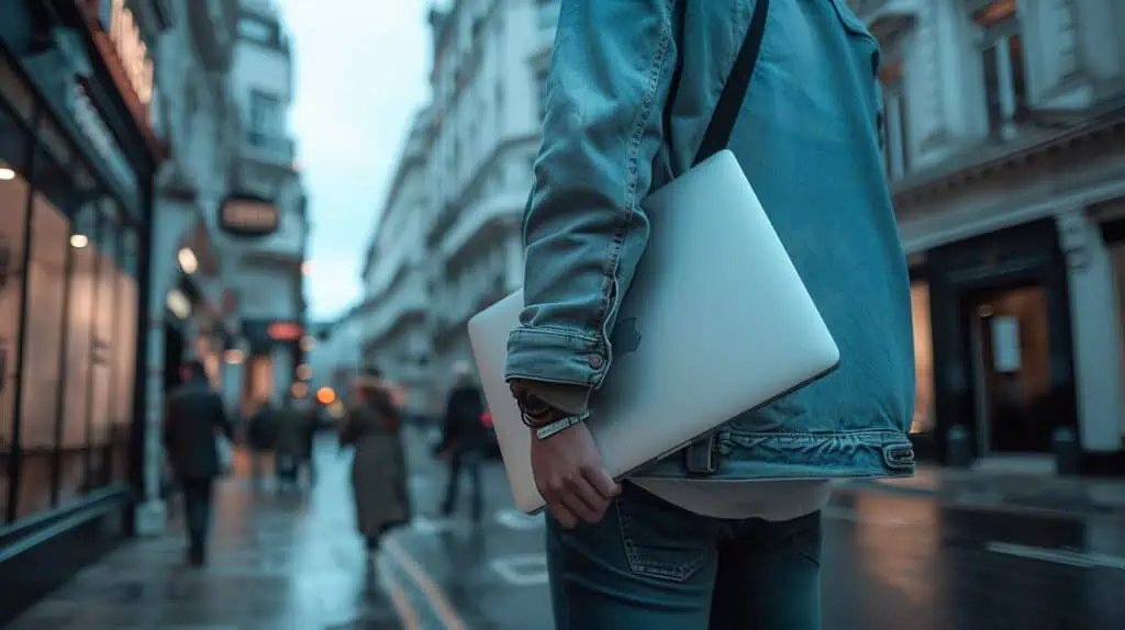 Iemand in een spijkerjas en spijkerbroek draagt een MacBook op straat
