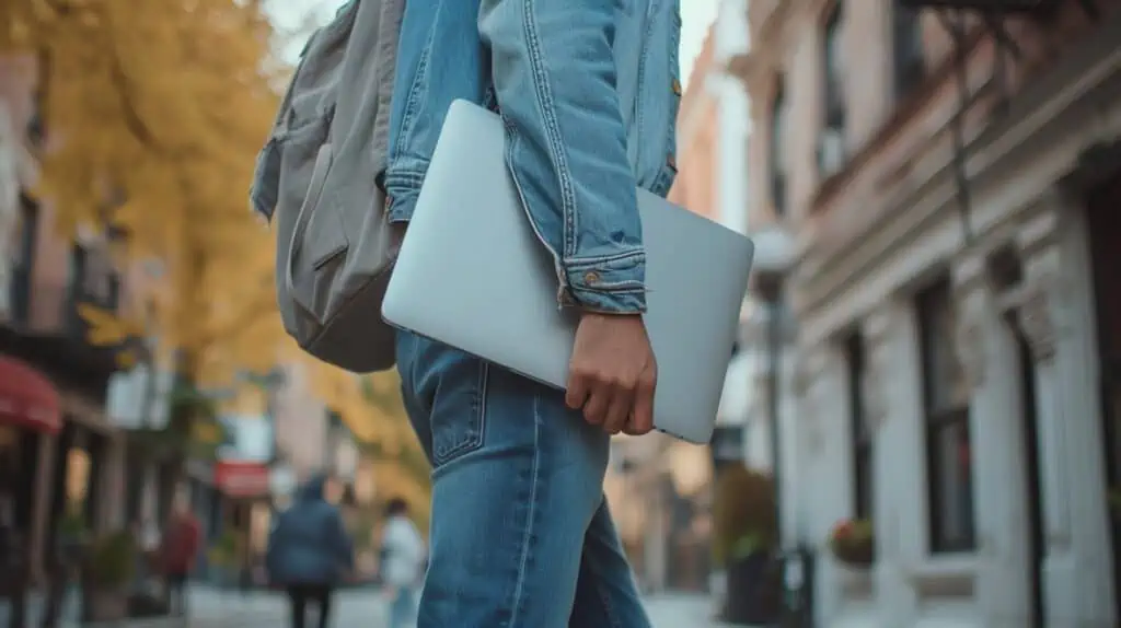 Iemand in een spijkerjasje en spijkerbroek draagt een laptop op straat