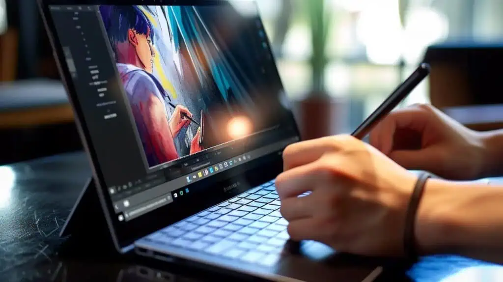 Iemand met een stylus in zijn hand tekent op een laptop met touchscreen