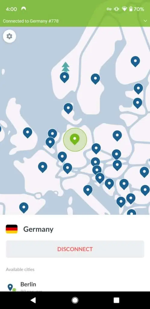 NordVPN op een Android-telefoon verbonden met Duitsland