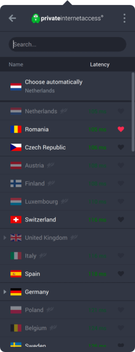 Screenshot van VPN locaties