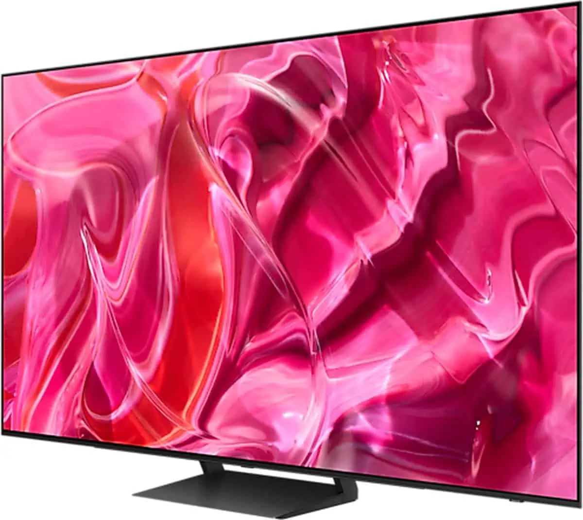 Samsung tv met roze/rode achtergrond, schuin zij-aanzicht