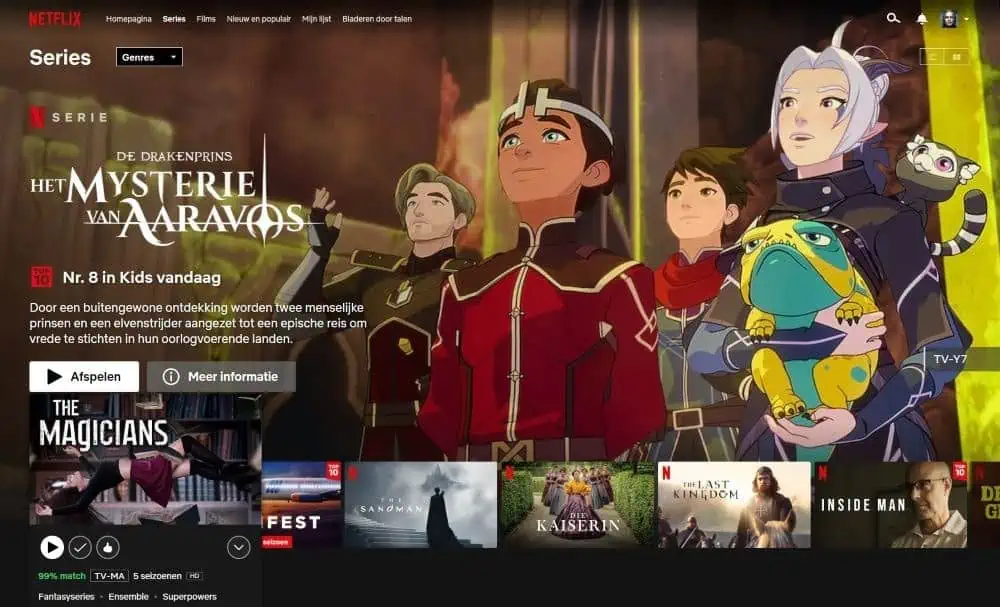 Screenshot van Amerikaanse Netflix met the Magicians geselecteerd