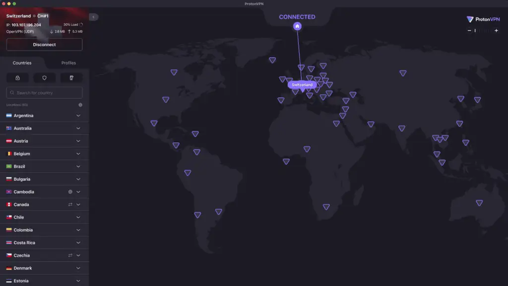 Screenshot van ProtonVPN op macOS met wereldkaart zichtbaar