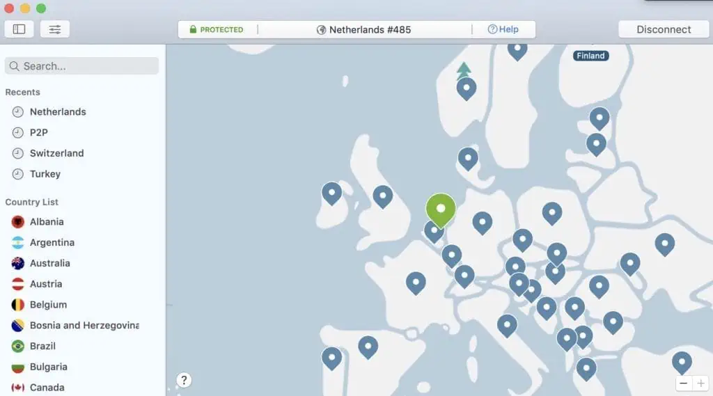 Screenshot van de NordVPN app met de wereldkaart open op macOS