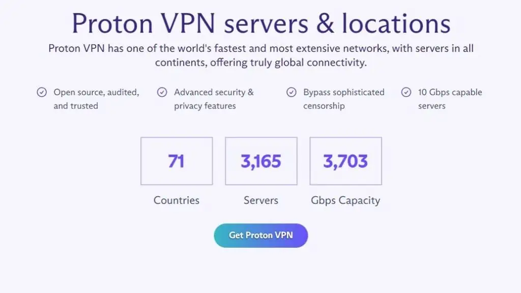 Screenshot van serverlocaties van ProtonVPN
