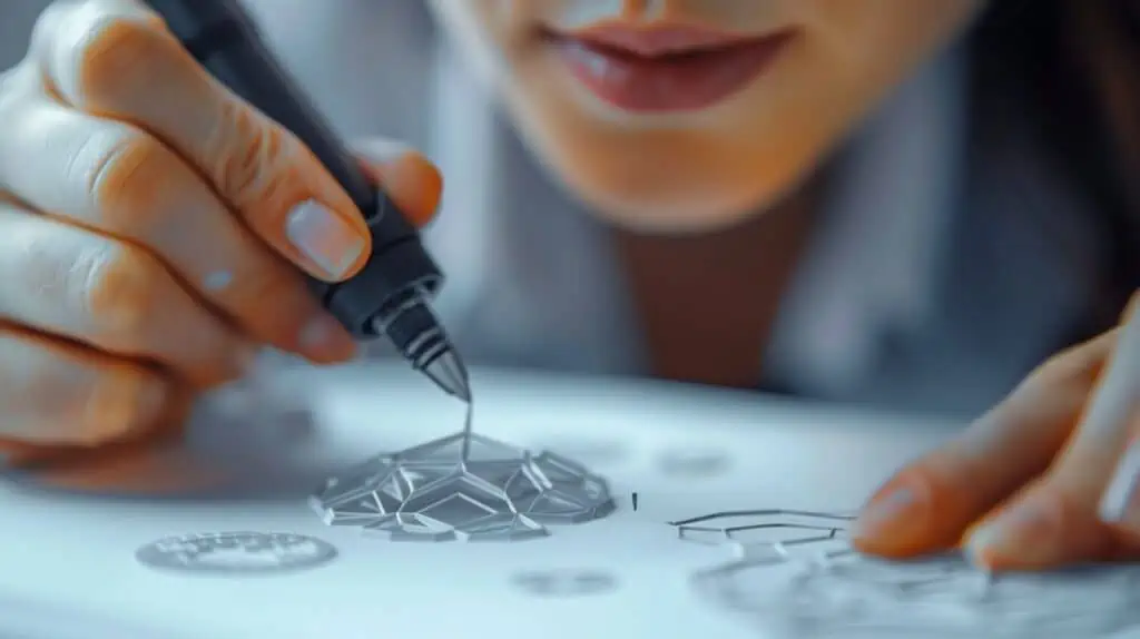 Vrouw gebruikt 3D pen om vormen te maken op een witte tafel