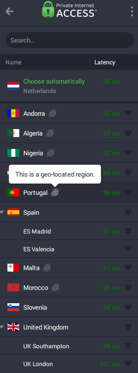 Windows desktop interface met landenlijst en virtuele server in Portugal geselecteerd