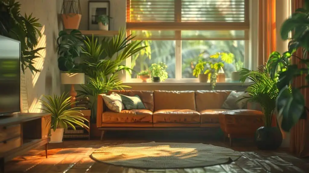 Huiskamer met planten, bank onder het raam