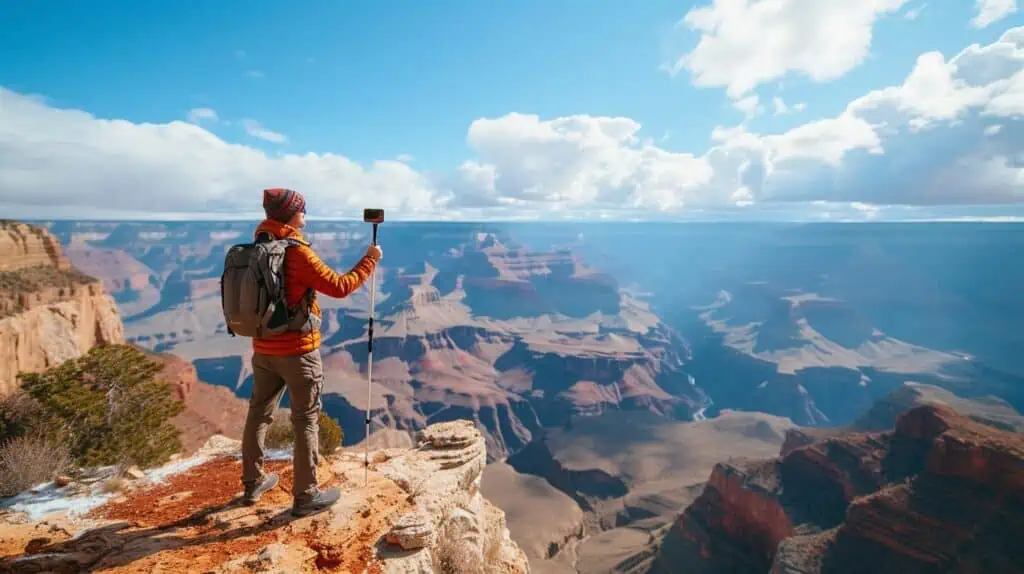 Man neemt selfie in de Grand Canyon, mooi uitzicht, met selfiestick