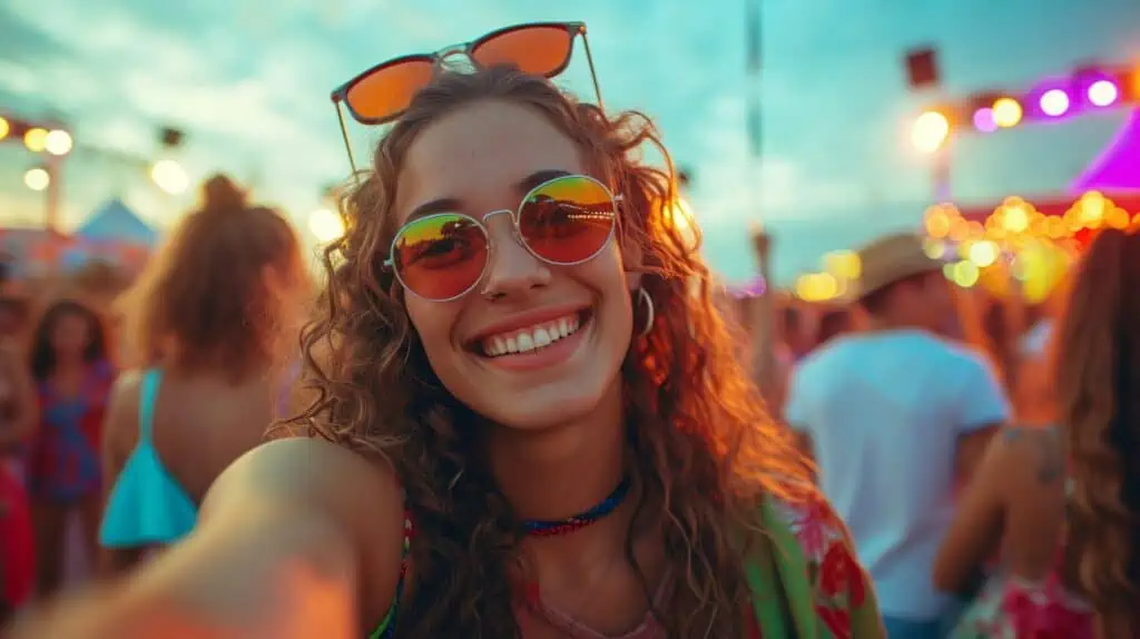 Selfie van lachende vrouw met zonnebril op hoofd en krullend haar