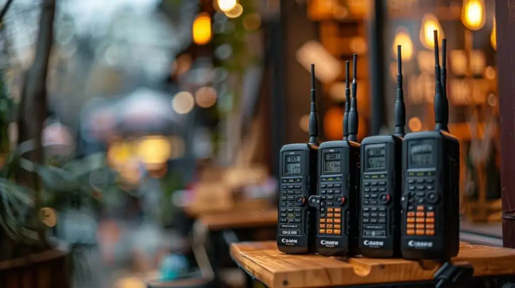 Drie walkie talkies op een rij op houten ondergrond