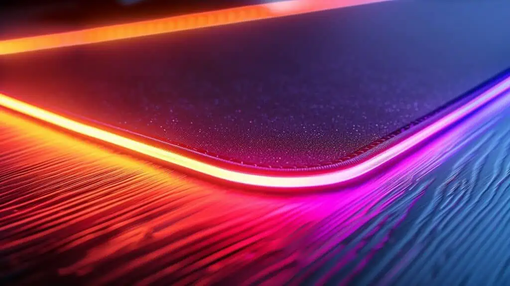 Closeup van de RGB verlichting van een grote gaming muismat