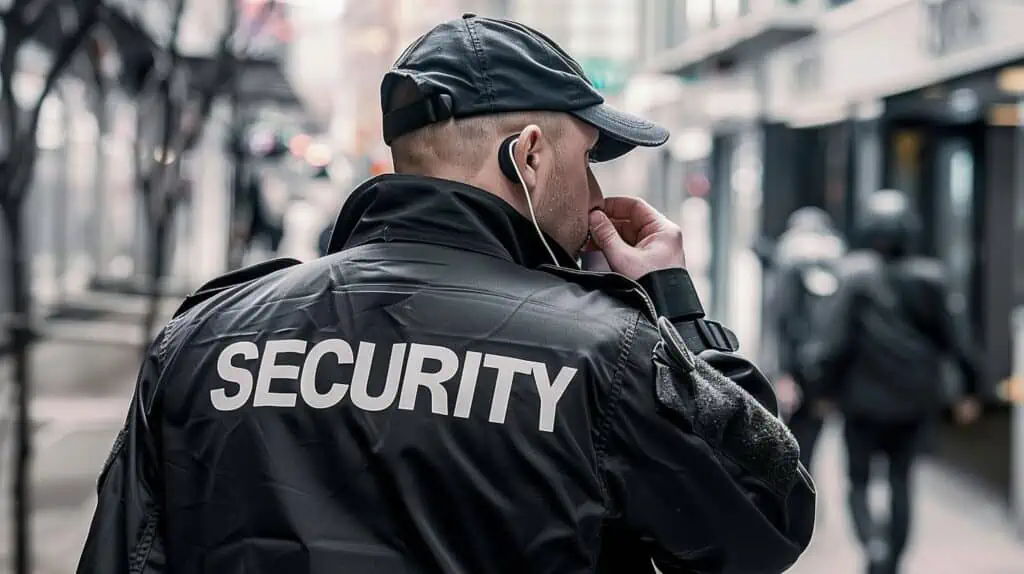 Een beveiliger in een stad luistert naar zijn portofoonoortjes