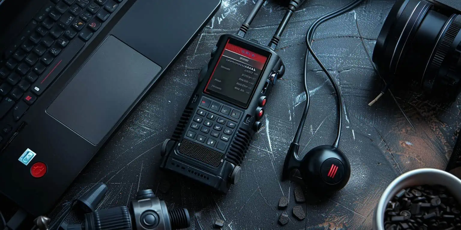 Portofoon op een zwarte tafel met een earpiece + laptop + andere randapparatuur ernaast