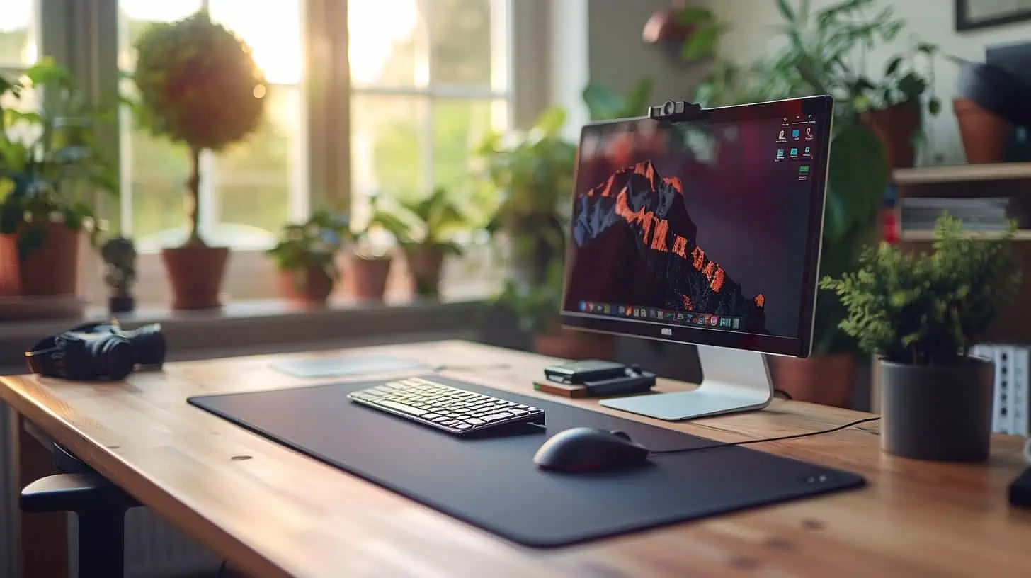 Houten bureau met desktop-computer, muis en toetsenbord, schuin vooraanzicht