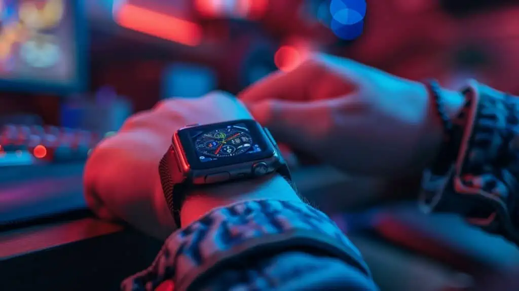 Een gamer die een smartwatch draagt voor zijn pc